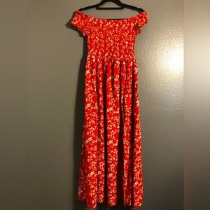Off The Shoulder Floral Summer Maxi Dress Double Front Slits Orange Womens MED